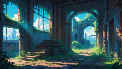  ゲーム背景　廃墟となったビルホラー現代風景