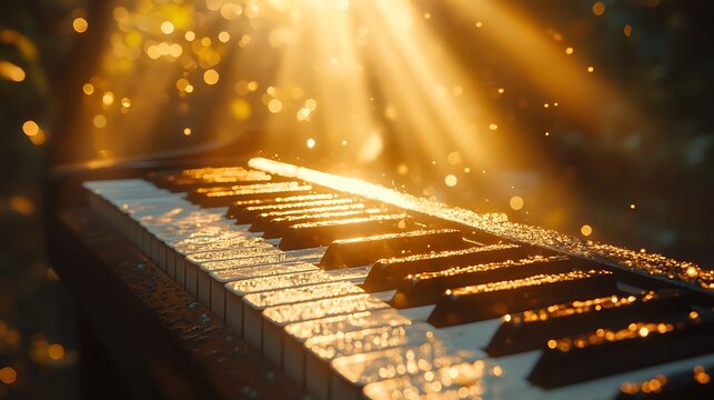 Illuminated keys: A piano bathed in golden sunlight with magical bokeh effects