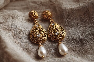 Vintage gold earrings with dangling pearls and intricate carvings, shown against a textured linen background