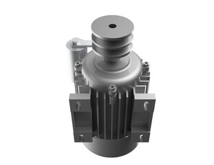 High-Resolution 3D Render: Powerful Metallic Industrial Electric Motor with Drive Pulley. Ideal for Energy Efficiency, Mechanical Devices, and Modern Industrial Production Machinery. Isolated PNG.