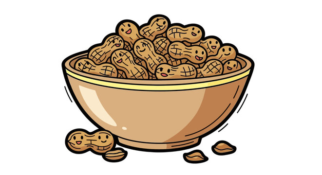 Bowl full of happy peanuts cartoon illustration, a whimsical snack time theme graphic
