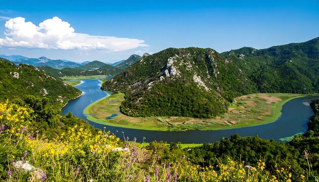 Serpentine river meanders through lush green valley