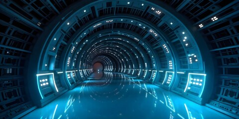 Obraz premium A futuristic tunnel with blue neon lights, the tunnel is dark, and the lights create a sense of depth; the floor is reflective 