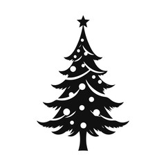 Christmas tree silhouette, holiday pine illustration, decorated fir vector, festive tree drawing, black evergreen art with star