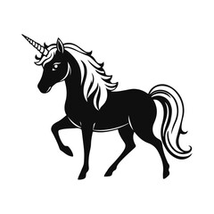Unicorn silhouette art, fantasy unicorn design, black unicorn illustration, elegant unicorn drawing in minimal style