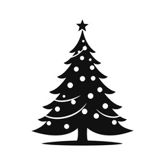 Christmas tree silhouette, holiday pine illustration, decorated fir vector, festive tree drawing, black evergreen art with star