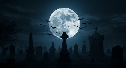 Dark cemetery with bats circling around a giant full moon