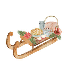 Ready-made digital watercolor scene of a sled carrying pie, baked goods, and tea items. Perfect for cozy holiday menus, winter invitations, and rustic food illustrations. 