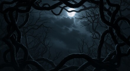 Dark forest with twisted branches forming a creepy Halloween frame