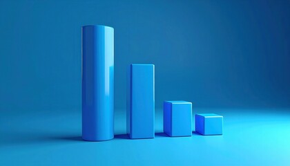 Blue abstract 3D rendering presents a descending bar graph illustration, representing data decline or reduction, showing cylinders and cubes with a gradient, conveying a business or financial concept.