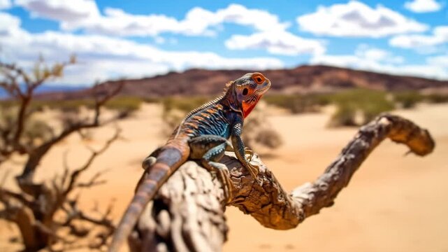 Colorful lizard perched on a desert branch under a bright sky