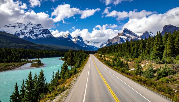 Scenic highway winds through turquoise river valley, majestic snow-capped mountains backdrop
