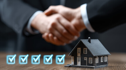 Business handshake in a modern office setting featuring a realistic miniature house model and glowing blue five checklist icons, symbolizing a successful residential property agreement