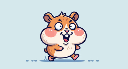 Naklejka premium Cheerful hamster cartoon character with expressive eyes, running on light blue background cute