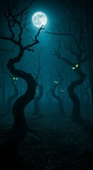Halloween night forest with crooked trees, glowing eyes peeking from the shadows