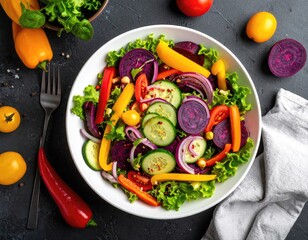 Colorful vegetable salad in a white bowl, garnished with fresh greens and vibrant sliced produce