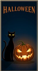 Retro Halloween design with black cat perched on a pumpkin, bold orange and black colors