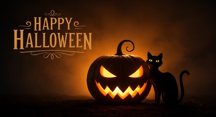 Retro Halloween design with black cat perched on a pumpkin, bold orange and black colors
