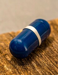 Close-up of a dark blue capsule on a wooden surface