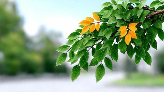 Transition's Embrace: A branch bearing vibrant green leaves and pops of golden yellow against a softly blurred backdrop, an emblem of the natural seasons' change. 