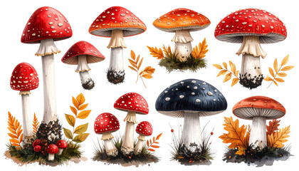 Bright red and white fly agaric mushrooms on a white background