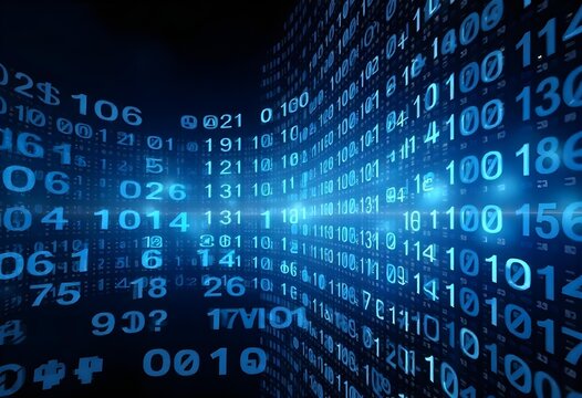 Blue binary code matrix falling, digital stream of numbers and letters, light background with light effects