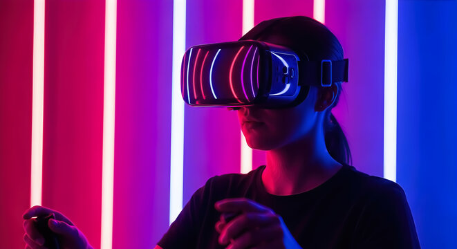Woman exploring virtual reality gaming metaverse vr headset technology simulation experience neon lights future