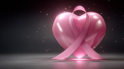3D Pink Ribbon Heart Symbolizing Breast Cancer Awareness Month