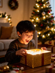 Joyful child opening Christmas present box glowing with festive lights