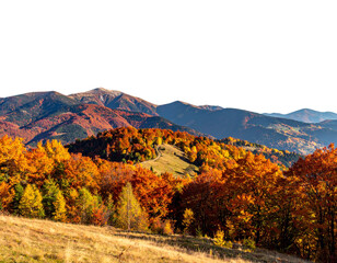 Vibrant autumn foliage blankets rolling hills and majestic mountains, with trees abl