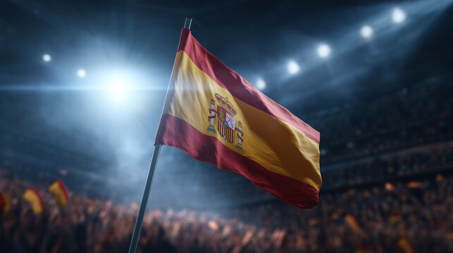 Dynamic Spanish National Flag waving proudly in a massive, blurred sports stadium, symbolizing national identity, patriotic celebration, and support for the Spanish team; perfect for Fiesta Nacional d