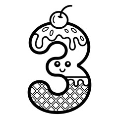 Fototapeta premium Number 3 Ice Cream Coloring Page Vector for Kids Learning and Fun, Cute Ice Cream Digit Three Cartoon Outline Vector for Coloring Book, Printable Number 3 Ice Cream Character Vector for Children.