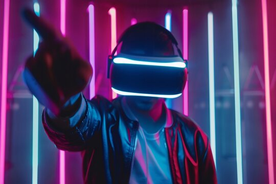Gamer wearing vr headset points finger in neon lit room - Powered by Adobe