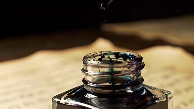 Dip Pen and Inkwell on Antique Music Sheet