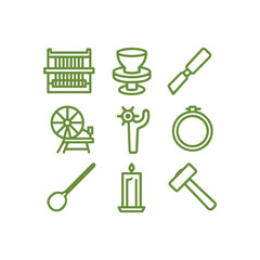 Artisan Tools and Simple Household Objects Illustrated in Green Line Art