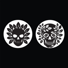 Gothic Skull and Leaves Wreath Vector Illustration Set. Black and White Halloween Death Nature Design Silhouette.
