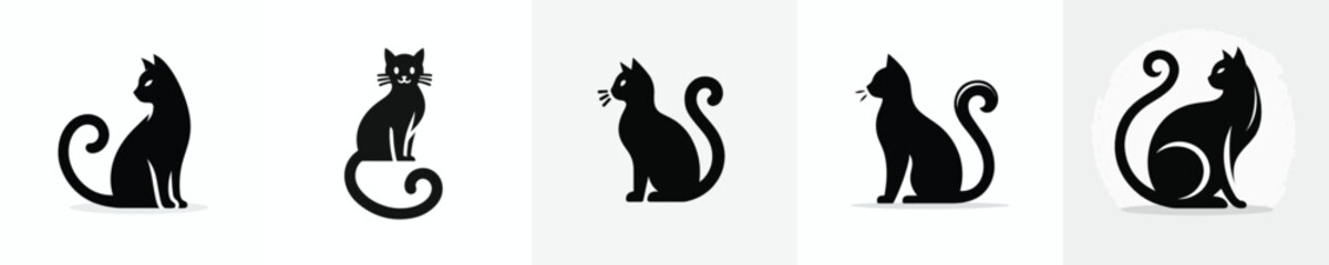 black cat silhouette vector with curved tail