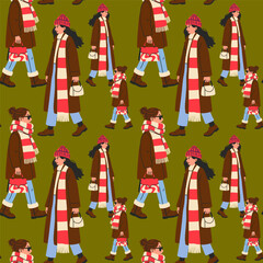 Fototapeta premium Seamless Pattern of Women in Winter Coats and Scarves