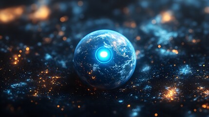 3D representation of Earth glowing in space surrounded by stars and cosmic elements