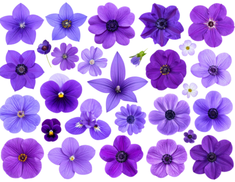 Collection of various purple flowers isolated on a transparent background  
