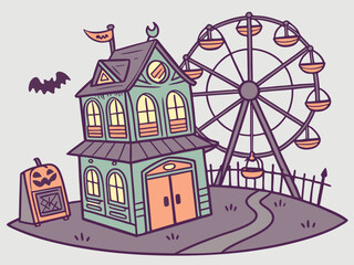 Cartoon haunted house and ferris wheel at a carnival vector illustration