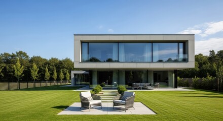 Modern architectural masterpiece with expansive glass facade and lush green lawn