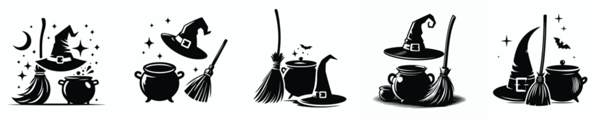 black and white silhouette vector of halloween witch tools