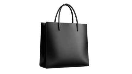 Black Leather Tote Bag with Braided Handles on Transparent Background