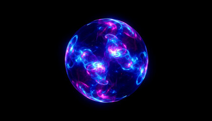 Glowing Neon 3D Sphere – Blue and Purple Digital Waves and Particles Form an Abstract Energy Orb. Futuristic Technology Concept Featuring AI, Engineering, and Scientific Innovation in a Visualization