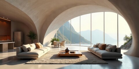 Fototapeta premium Serene Coastal Living Room with Panoramic Mountain Views and Modern Architectural Design