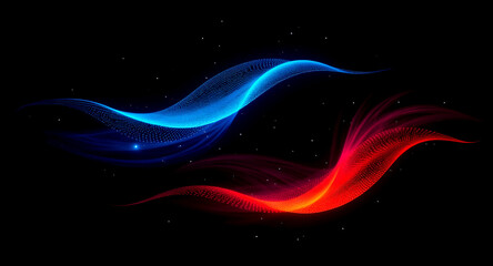 Fiery Red and Ice Blue Particle Waves – Fire and Ice Digital Background with Gradient, Bokeh, and Light Rays. Futuristic Visualization of Technology, Engineering, Science, and Artificial Intelligence