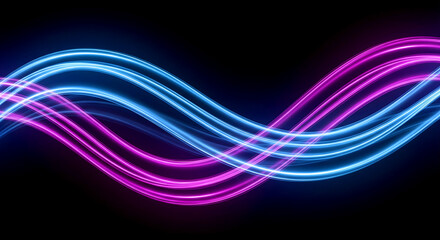 Purple and Blue Neon Gradient Waves, Glowing Digital Flow with Bokeh and Light Effects. Futuristic Technology Concept Representing Virtualization, Innovation, and Energy in a Abstract Background