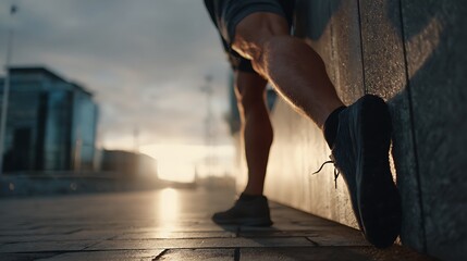 Close up of a runner stretching his calf muscle against a wall outdoors