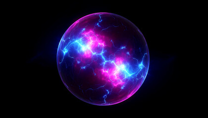 Glowing Neon 3D Sphere – Blue and Purple Digital Waves and Particles Form an Abstract Energy Orb. Futuristic Technology Concept Featuring AI, Engineering, and Scientific Innovation in a Visualization